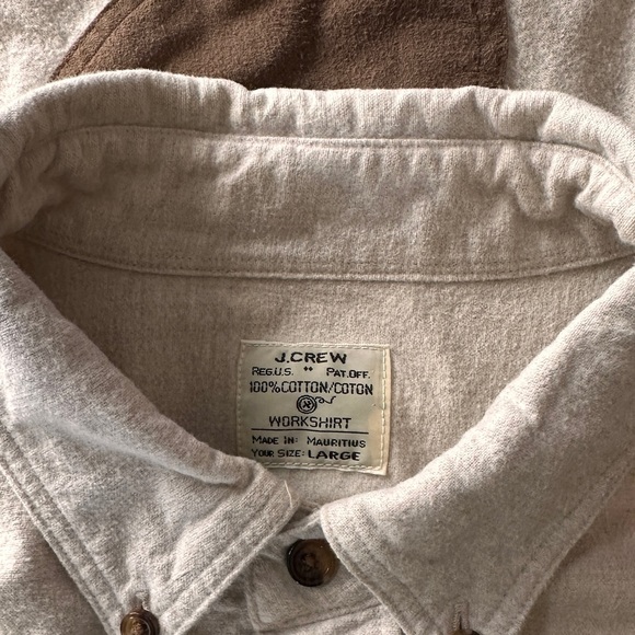 J. Crew Men’s L Work Shirt Flannel Cream Button Down Elbow Patches - Picture 12 of 13